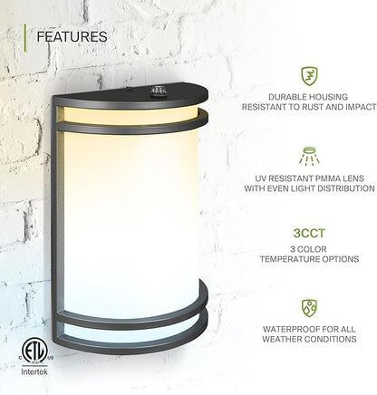 ASD 10 Inch LED Dusk to Dawn Outdoor Wall Mount Light Fixture - Matte Black Modern Wall Sconce Lighting with Photocell - 120-277V 15W 3000/4000/5000K Adjustable - Front Door & Patio, ETL