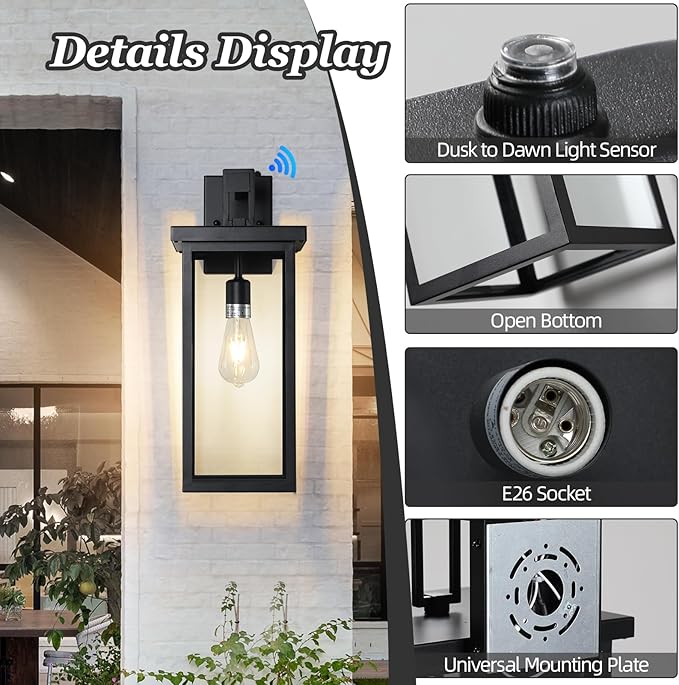 Dusk to Dawn Sensor Outdoor Wall Mount Light Fixture,20" Large Outdoor Wall Lights Exterior Front Porch Light，Black Exterior Sconce with E26 Socket，Waterproof Outside Lights for House 1 Pack
