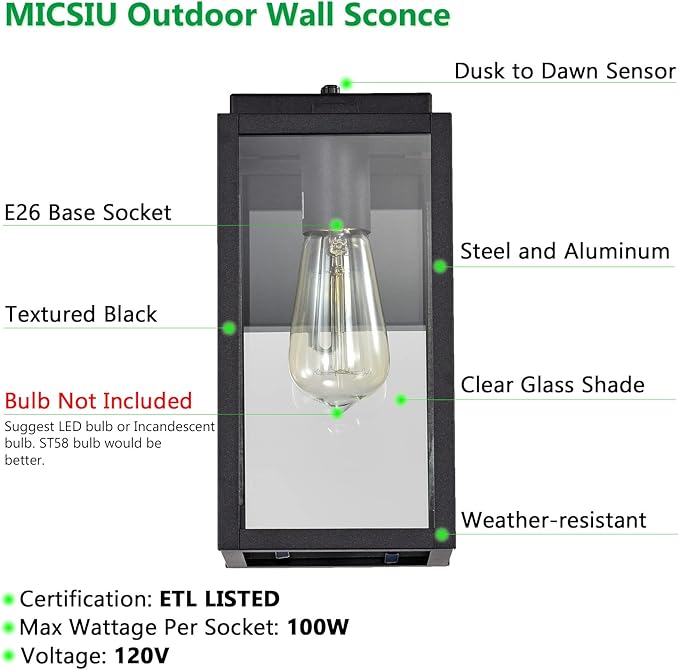 MICSIU Dusk to Dawn Outdoor Lighting with E26 Base Socket, 11 Inch Clear Glass Exterior Wall Sconce, Black Outside Lights for House, Porch, Garage, Doorway, Pathway