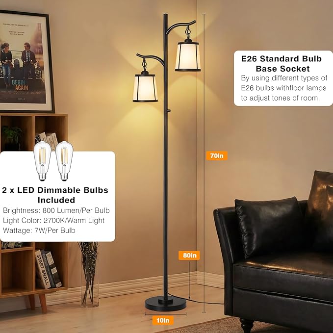 9MMML Farmhouse Floor Lamp for Living Room, 67'' Tall Floor Lamp with 2 Hanging Smooth Faux Leather Lamp Shade, Vintage Black Dimmable Standing Lamp for Bedroom, 2 x 800LM LED Bulbs Included