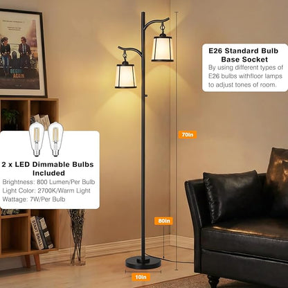 9MMML Farmhouse Floor Lamp for Living Room, 67'' Tall Floor Lamp with 2 Hanging Smooth Faux Leather Lamp Shade, Vintage Black Dimmable Standing Lamp for Bedroom, 2 x 800LM LED Bulbs Included