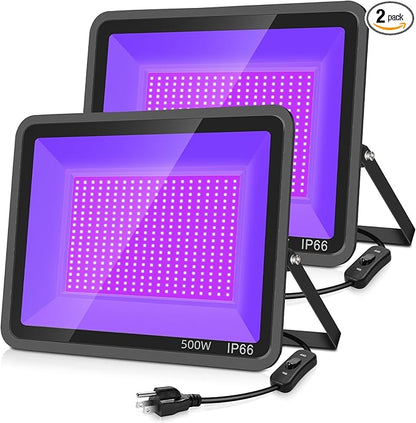 500W 2 Pack LED Black Light,Black Flood Light Outdoor with Plug and Switch, IP66 Waterproof 395nm to 405nm LED UV Blacklight Neon Glow for Glow Party, Halloween, Fluorescent Poster, Body Paint