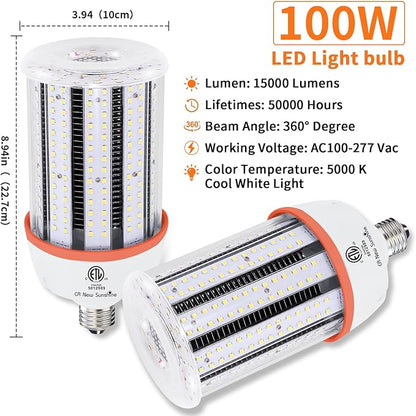 1000W Equivalent Led Corn light bulbs, 15000 Lumen LED Corn Bulb 100W 5000K Daylight White Lamp,E26/E39 Medium Mogul Base,2-Pack Large Area Lights For Outdoor Indoor Warehouse Garage High Bay Lighting