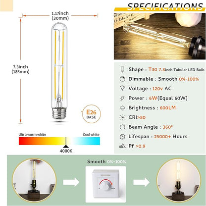 Tubular Light Bulb 7.3 Inch Dimmable T10 LED Bulb E26 6W 60 Watts Edison Bulbs 4000K White Light,185mm Long for Wall Sconces, Pendant, Livingroom, 4-Pack