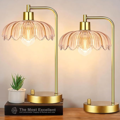 Glass Table Lamp Set of 2,Small Gold Bedside Lamps Dimmable Boho Bedroom Lamp with Tulip Flower Amber Lamp Shade,Vintage Mid Century Modern Mini Nightstand Lamp for Bedroom Living Room