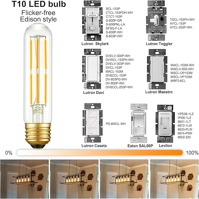 Arberlic 5 Inch T10 LED Bulb,6W Tubular Light Bulb Equivalent E26 led Bulb 60 watt dimmable,Warm White 2700K,600lm,CRI85+,AC120V,Edison Style,Clear Glass,Flicker Free,Pack of 6