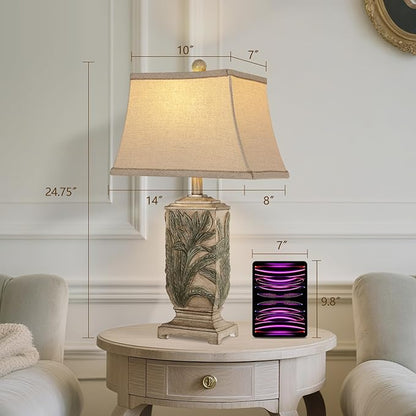 WIHTU 25" Vintage Table Lamps, 3 Color Temperature Rustic Retro Beside Lamp Set of 2, Farmhouse Resin Table Lamp for Living Room Bedroom Nightstands, Rotary Switch, Carved Leaf(2 Bulbs Included)