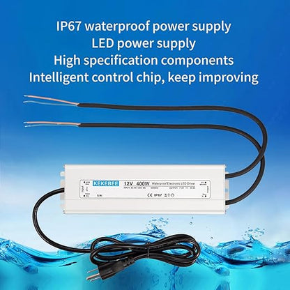 LED Driver 12V400W Waterproof Power Transformer 90-130V AC to DC 12V33.3A Switching Power Supply IP67 with 3-pin Plug Suitable for Indoor and Outdoor LED Lighting and Any 12V DC LED