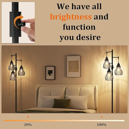 Dimmable Floor Lamp, 3 x 800LM LED Edison Bulbs Included, Farmhouse Industrial Floor Lamp Standing Tree Lamp with Elegant Cage Tall Lamps for Living Room Bedroom Office - Black