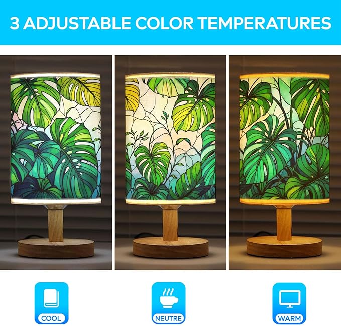Monstera Table Lamp LED 3-Color Pressed Bedside, Monstera Shade Lamp with Wood Base for Bedroom Living Room Desk Office