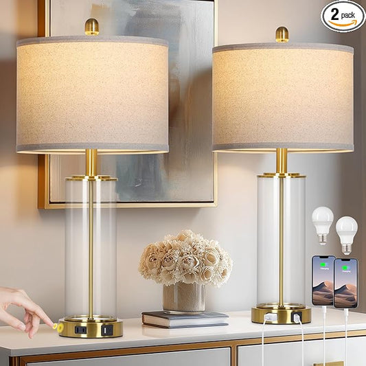 26" Gold Glass Table Lamps Set of 2, 3-Way Dimmable Touch Control Glass Lamps for Living Room, Modern Bedroom Lamp with USB C+A Ports & Outlet, Classic Bedside Lamp for Nightstand Side End Decoration