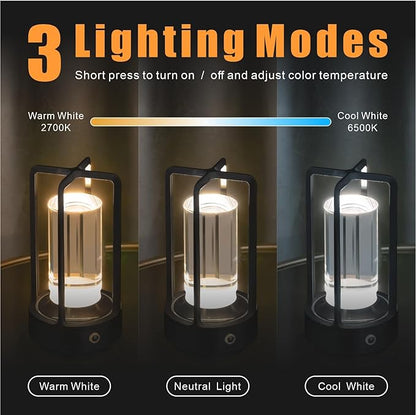Rechargeable Table Lamp Cordless, 3 Color | Crystal | Stepless Dimming, for Dining Room, Living Room, Bar, Cafe, Restaurant, Patio, Camping, (Black)