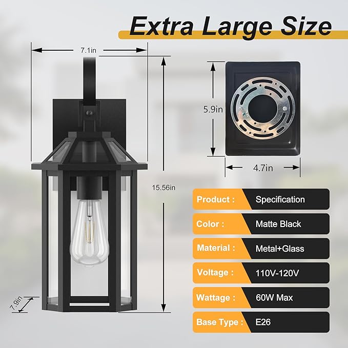 Outdoor Wall Lights, 15.56 Inch Large Waterproof Outside Wall Lantern Sconce, Clear Glass Exterior Lamp for House, Porch, Garage, 1-Light, (E26 Bulb Base, Black)
