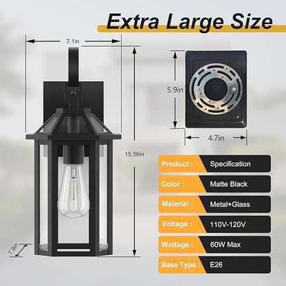 Outdoor Wall Lights, 15.56 Inch Large Waterproof Outside Wall Lantern Sconce, Clear Glass Exterior Lamp for House, Porch, Garage, 1-Light, (E26 Bulb Base, Black)