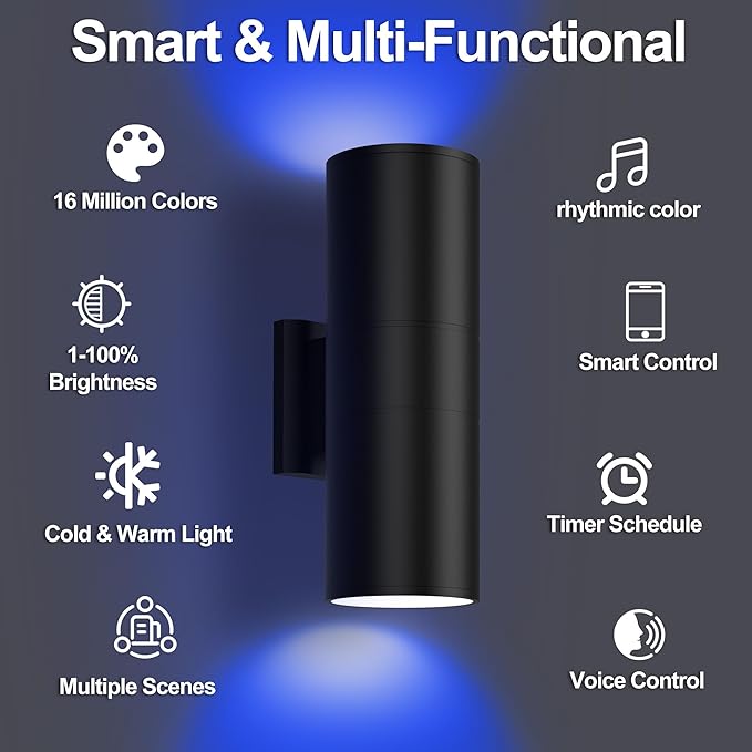 Smart Up & Down Outdoor Wall Lights, RGBCW Color Changing LED Sconce with Bluetooth App & RF Remote Control, 2700K-6500K Tunable White, Dimmable Exterior Porch Lights for House Patio Garage