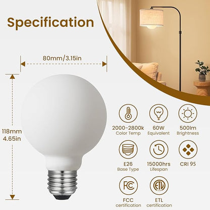 LED Light Bulb G25/G80 Dim-to-Warm 2000-2800K E26 Matt White Porcelain CRI 95 Excellent Color Accuracy 6W=60W 500LM (4-Pack)
