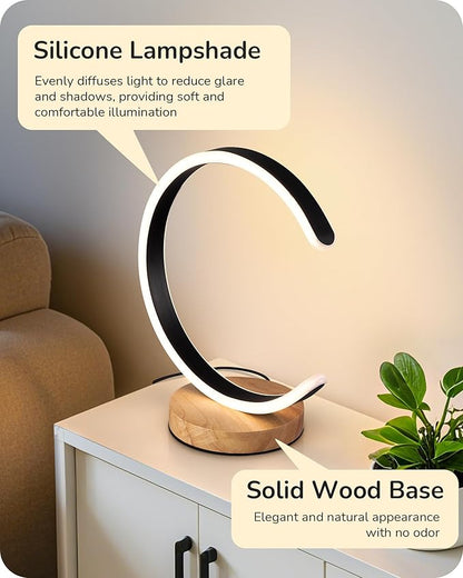 EDISHINE LED Table Lamp, C-Shaped Modern Lamps for Nightstand with 3 Color Temperature & Dimming, Upgraded Switch, Silicone Lampshade & Solid Wood Base, Bedside Lamp for Living Room, Bedroom, Black