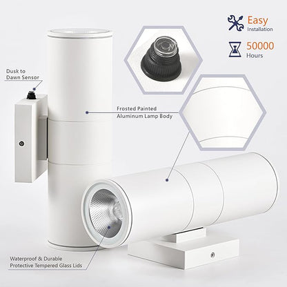 Dusk to Dawn Outdoor Lighting Sensor Wall Lights 2Pack, 12W 2700K Integrated LED Cylinder Up Down Lights Outdoor, IP65 Waterproof Aluminum Exterior Wall Sconce for Porch Patio.