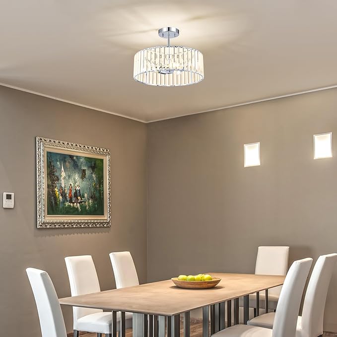 Crystal Chrome Semi Flush Mount Ceiling Light Modern Hallway Light Fixture Metal Close to Lamp for Kitchen Living Room Bathroom Entryway Bedroom(15.75 inch)