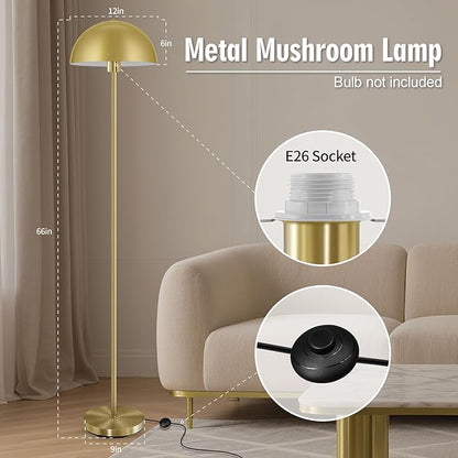 Industrial Floor Lamp, Brass Gold Floor Lamp for Living Room, 66Inch Tall Modern Standing Lamp, Stand Up Lamp with Metal Dome Shade, Mid Century Corner Reading Lamp for Bedroom Office Nursery, NO BULB