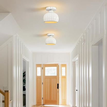 White Semi Flush Mount Ceiling Light - 2 Pack, Glaze Ceramic Vintage Hallway Light Fixtures, Milk White Globe Ceiling Lights, Mid Century Small Light Fixture for Cottage Entryway Laundry Room Foyer