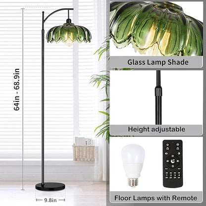 Glass Floor Lamp for Living Room,Bedroom,Gold Dimmable Standing Lamp with Remote,Mid Century Modern Brass Tall Lamp Boho Vintage Retro Floor Lamps Arc Green Flower Floor Light Lamp Bohemian