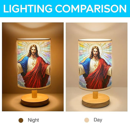 Jesus Blessing Table Lamp LED 3-Color Pressed Bedside, Jesus Blessing Shade Lamp with Wood Base for Bedroom Living Room Desk Office TL01