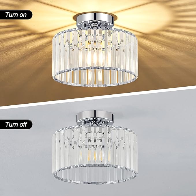 Crystal Chrome Semi Flush Mount Ceiling Light Modern Hallway Light Fixture Metal Close to Lamp for Entryway Bedroom(10.63 inch)