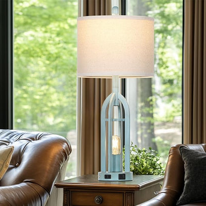 27" Industrial Farmhouse Table Lamp,Vintage Rustic Blue Beside Lamp with USB A+C Charging Ports & AC Outlet, Metal Nightstand Lamp with LED Night Light for Bedrooms (2 LED Bulbs Included)
