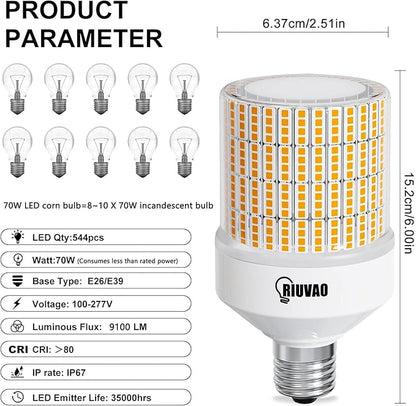70W LED Corn Light Bulb, 700W Equivalent 9100LM, 3000K Warm White, Waterproof & 90% Energy Saving, E26/E39 Base Outdoor Light Bulbs for Garage, Factory, Shop (2-Pack)