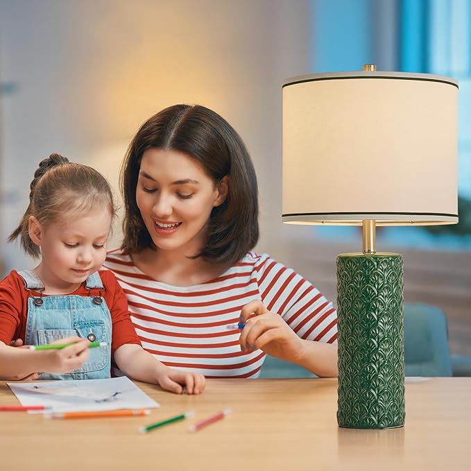 27" Farmhouse Bedside Table Lamp Set of 2, Green Modern Ceramic Lamps for Living Room, 3 Color Temperature Rustic Table Lamps for Bedroom, Night Stands, Dorm,Office, Home Décor (Bulb Included)