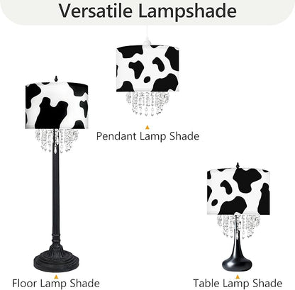 Black White Cow Print Lamp Shade with Acrylic Bead Droplets, Animal Drum Fabric Light Shade for Pendant Table & Floor Lamp, Cute Party Room Decor for Grandchild Kids Teens, 11.8in