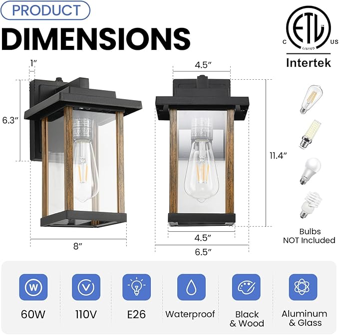 Outdoor Wall Sconce, Dusk to Dawn Outside Porch Light Fixtures, Anti-Rust Exterior Wall Lights in Wood Grain & Black Finish with Clear Glass for Garage Doorway Entryway, 2 Pack