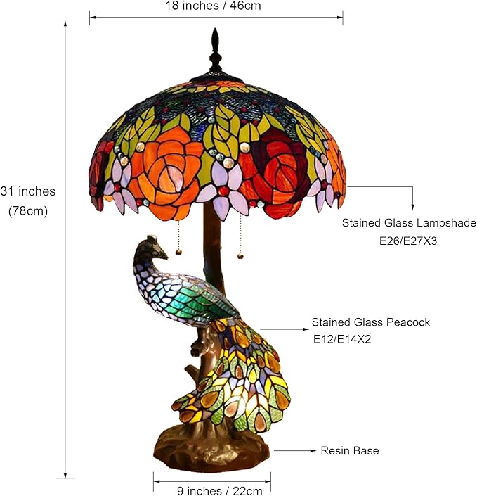 Large Tiffany Table Lamp 18" Wide Handmade Stained Glass Lamp Shade 3 Light Peacock Style Vintage Desk Light for Living Room Bedroom Bedside Reading Light,Red Rose