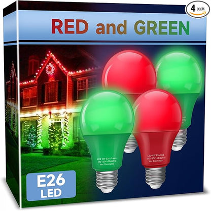 UNILAMP Red and Green Light Bulbs, 9W A19 LED Christmas Light Bulb, E26 Red Green Light Bulbs, 60W Equivalent, Color Bulb for Christmas Party Outdoor Porch Decoration, 4 Pack