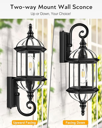 VIANIS 22" Large Porch Lights Outdoor, Black Dusk to Dawn Outdoor Lighting, Anti-Rust Exterior Lighting fixtures with Tempered Beveled Glass, Outdoor Lights for House, Patio, Two Mounting Options