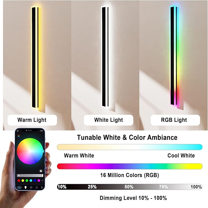 2PCS 40" RGBW LED Long Wall Light Outdoor, Black Led Wall Sconces, IP66 Waterproof Wall Lighting, Exterior Light Fixtures Wall Mount, APP Control for Outdoor/Indoor Party Gathering