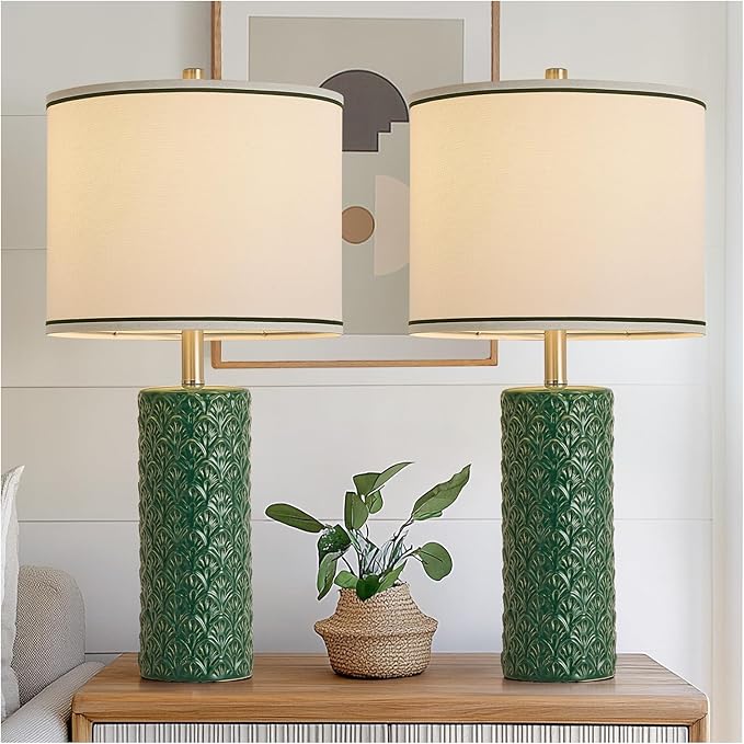 27" Farmhouse Bedside Table Lamp Set of 2, Green Modern Ceramic Lamps for Living Room, 3 Color Temperature Rustic Table Lamps for Bedroom, Night Stands, Dorm,Office, Home Décor (Bulb Included)