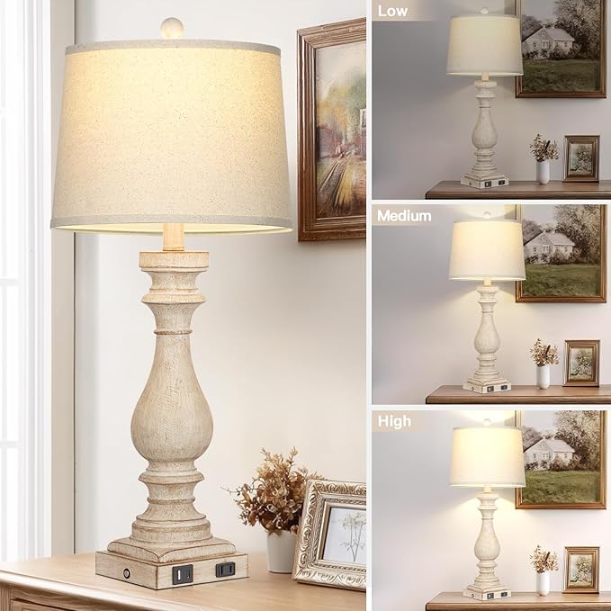 29" Farmhouse Table Lamp for Living Room Set of 2,Vintage Bedside Lamps with USB C+A Ports & AC Outlet,3-Way Dimmable Touch Control White Washed Finish Nightstand Lamp for Bedroom,Beige