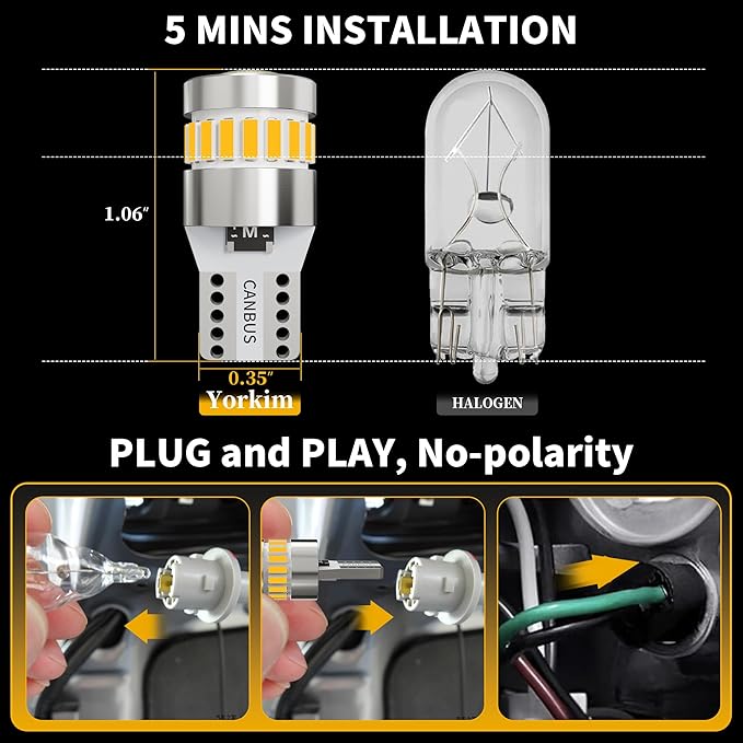 Yorkim 194 LED Bulb 6300K Warm White, 168 2825 W5W T10 LED Light Bulb Error Free for License Plate, Dome, Map, Courtesy, Side Marker Lights, Pack of 2