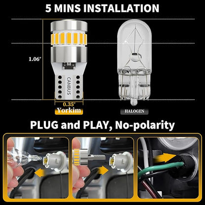 Yorkim 194 LED Bulb 6300K Warm White, 168 2825 W5W T10 LED Light Bulb Error Free for License Plate, Dome, Map, Courtesy, Side Marker Lights, Pack of 2
