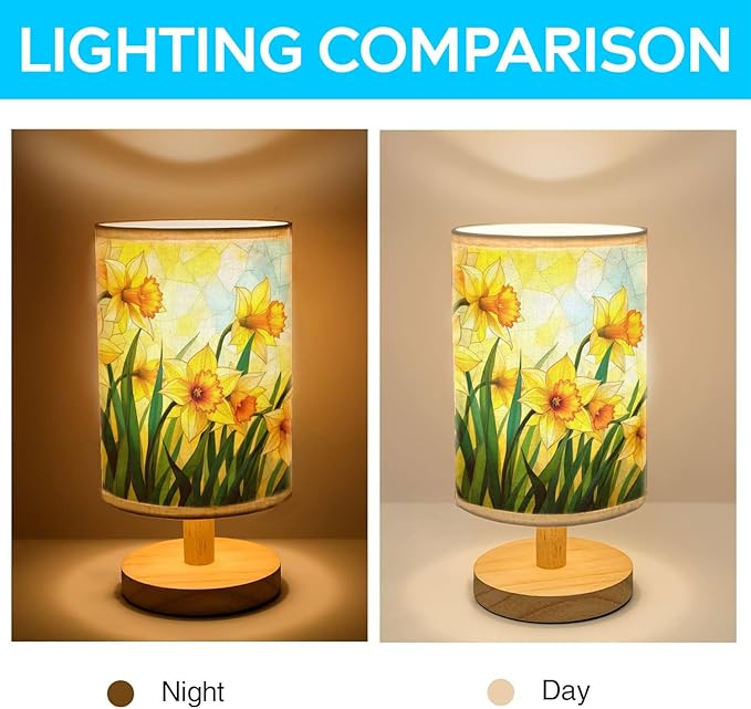Daffodil Table Lamp LED 3-Color Pressed Bedside, Daffodil Shade Lamp with Wood Base for Bedroom Living Room Desk Office