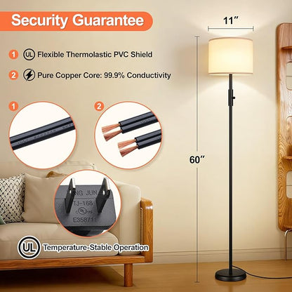 【Upgraded】 Dimmable Floor Lamp for Living Room, 1000 Lumens LED Bulb Included, Modern Floor Lamps Simple Design with Linen Shade, Tall Standing Lamp for Bedroom Office Dining Room, Black Pole Lamp