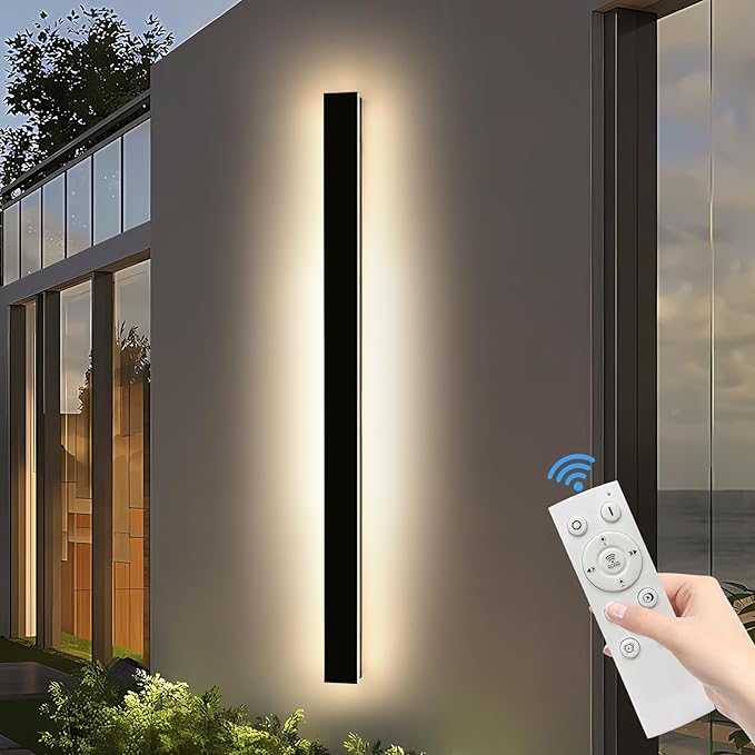 71inch Modern Outdoor Wall Light, 3000K-6000K Dimmable Outside Wall Sconce, Black Exterior Lighting Fixture, IP65 Waterproof Linear Long Garage Lights for Porch Patio with Remote Control