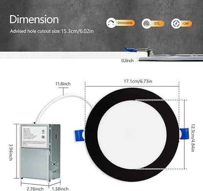CycevSun 12 Pack Black Recessed Lights 6 Inch with Night Light, Canless Ultra Thin Wafer Downlight Indoor Outdoor Exterior Soffit, Dimmable & 5 Color Selectable, 12W, ETL Listed