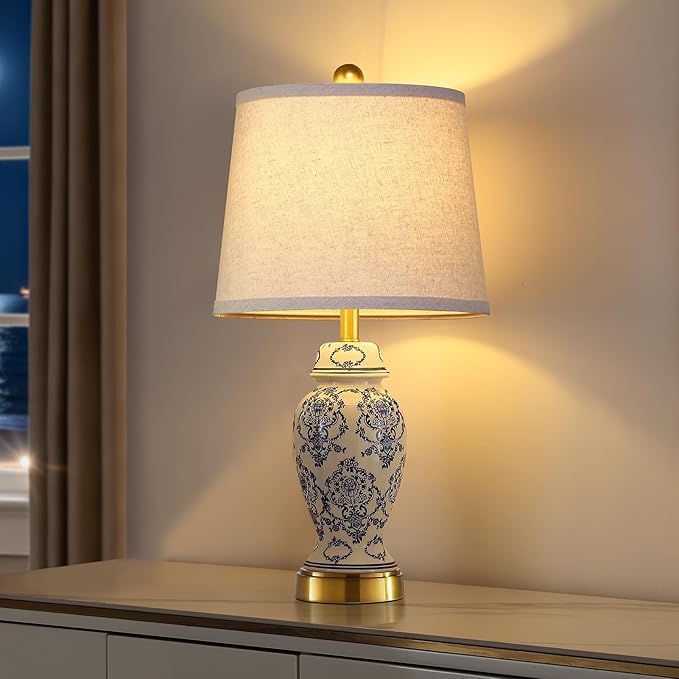 RORIANO Chinoiserie Ceramic Table Lamps Set of 2 for Living Room Bedroom Bedside, Traditional Blue Porcelain Classic Table Lamp for Nightstand Entryway, 2 LED Bulbs Included