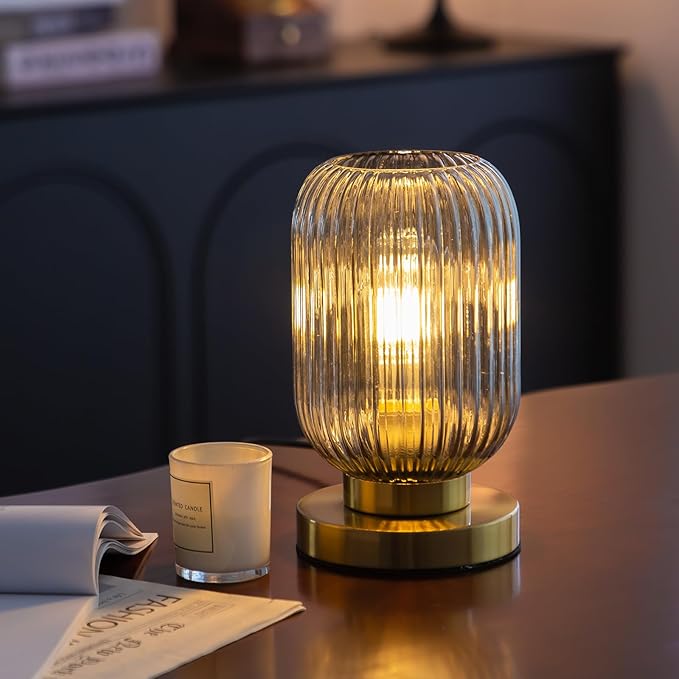 Bedside Table Lamp with Glass Shade, Small Nightlight Lamp Elegant Gray Ribbed Glass Nightstand Lamp Modern Desk Lamp with Plug-in Style for Bedroom Living Room Tabletop Dia5.9 x H9.8