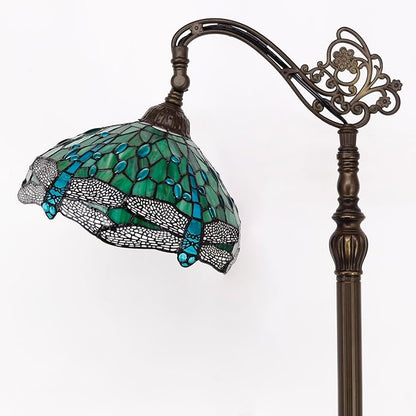 Tiffany Floor Lamp Stained Glass Lamp 18.88X12X67 Inch Angle Adjustable Arched Gooseneck Antique Reading Light (Green Dragonfly)