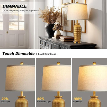 25" Retro Gold Farmhouse Jar Table Lamps Set of 2, 3 Way Touch Control Rustic Bedside Lamps with USB A+C Ports & AC Outlet, Pot Nightstand Lamps for Bedroom Living Room (LED Bulbs Included)