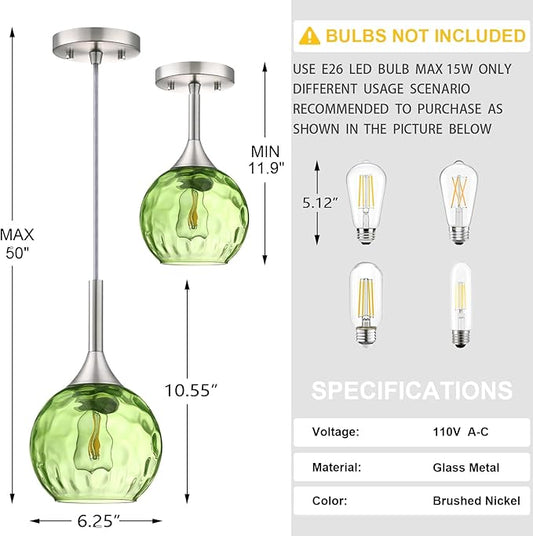 6.3" Dark Green Hammer Glass 3 Pack Rod Pendant Ceiling Light Fixture Brushed Nickel Finish Modern Farmhouse Dinning Over Sink Adjustable Height Cord